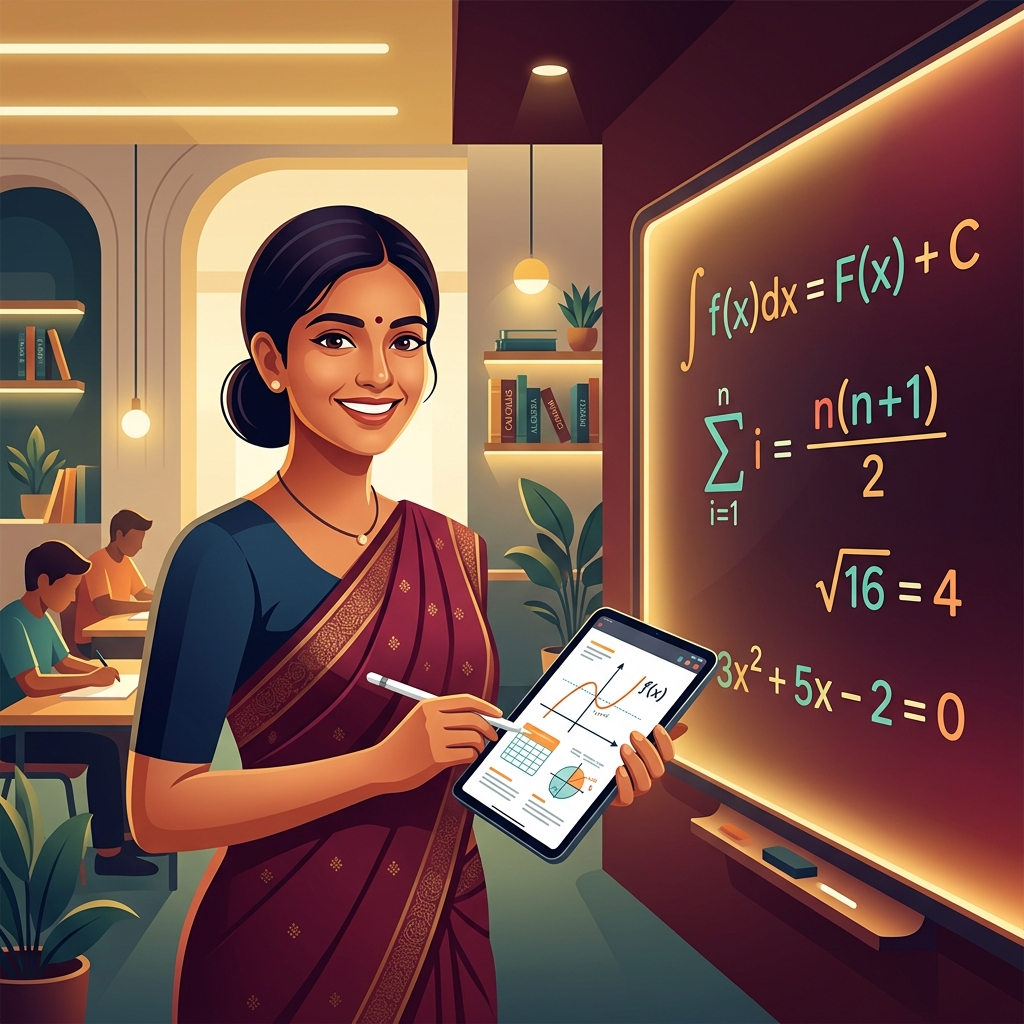 Smiling female teacher in front of blackboard